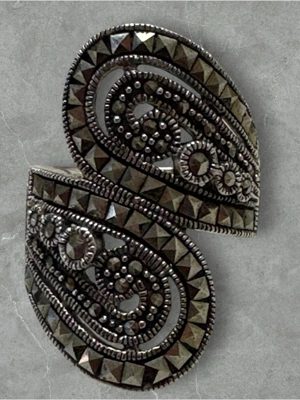 Platinum over 925 Silver Marcasite Swirl Bypass Ring - Size 7.75